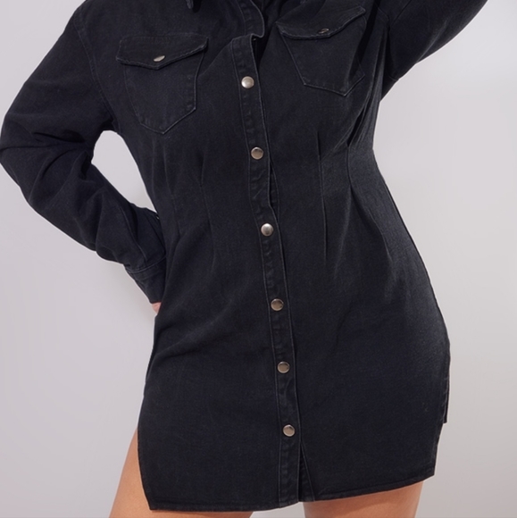 PrettyLittleThing Black Washed Long Sleeve Denim Dress, Size L, BNWT - Picture 2 of 7
